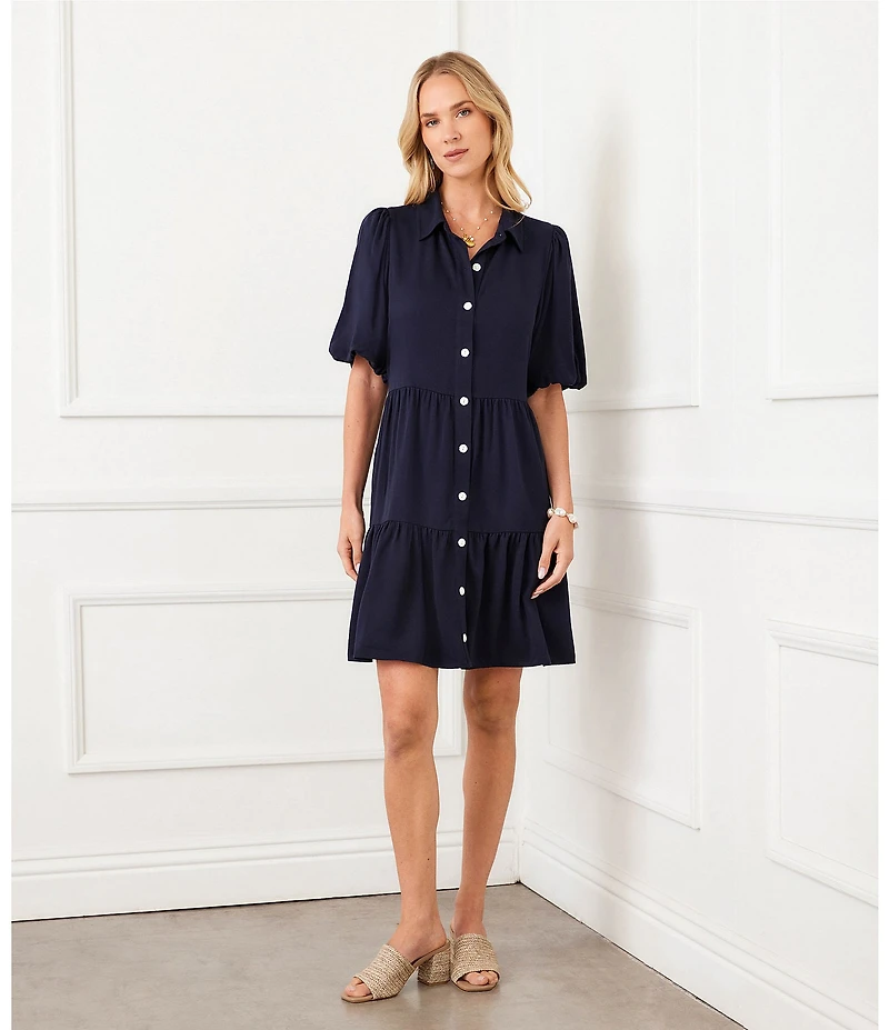 Karen Kane Twill Point Collar Puff Sleeve Tiered Shirt Dress