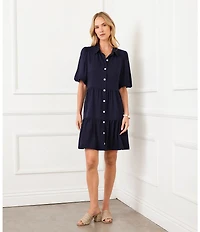 Karen Kane Twill Point Collar Puff Sleeve Tiered Shirt Dress