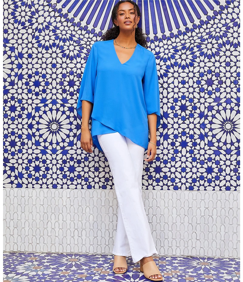 Karen Kane V-Neck 3/4 Flare Sleeve Asymmetric Crossover Hem Top