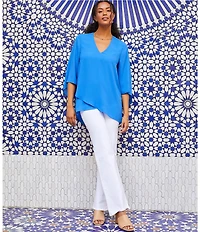 Karen Kane V-Neck 3/4 Flare Sleeve Asymmetric Crossover Hem Top