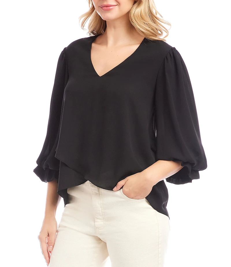 Karen Kane V-Neck 3/4 Lantern Sleeve Asymmetric Top