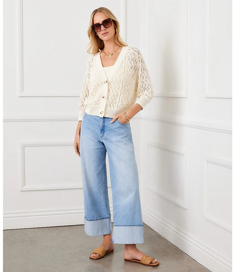 Karen Kane V-Neck 3/4 Sleeve Open Knit Cardigan