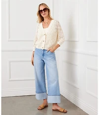 Karen Kane V-Neck 3/4 Sleeve Open Knit Cardigan