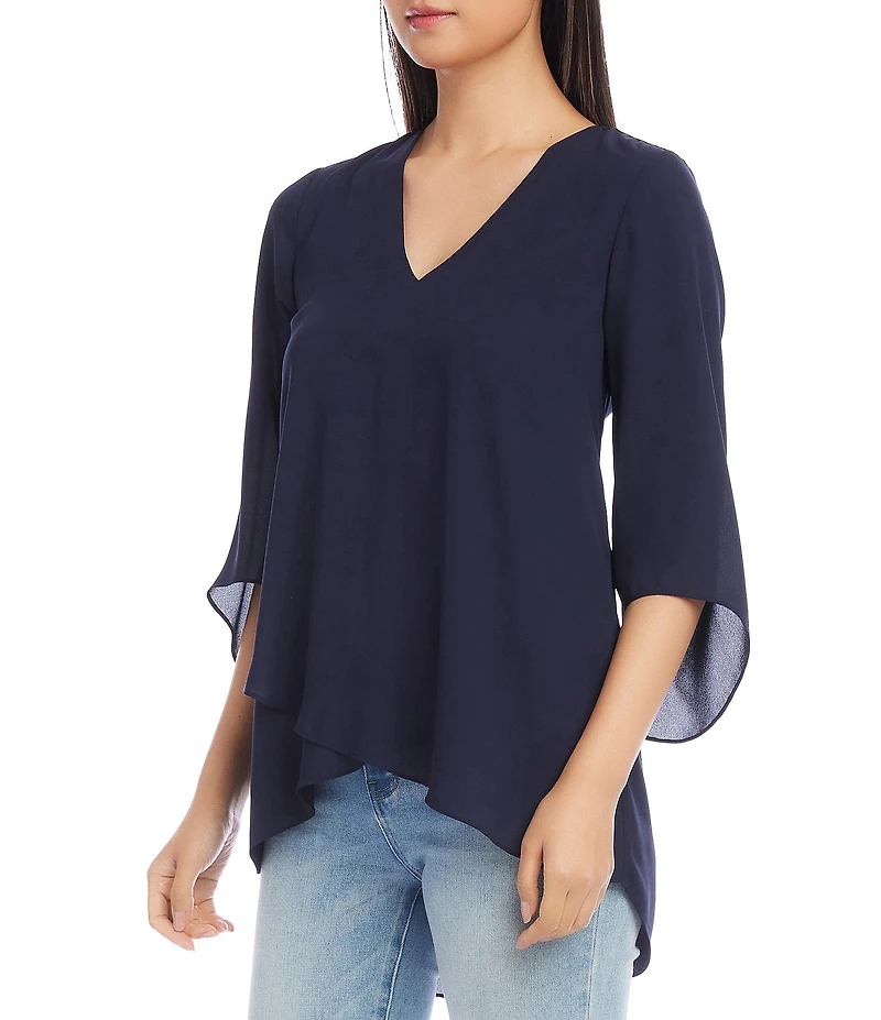 Karen Kane V-Neck 3/4 Sleeve Crossover Hem Silky Crepe Top