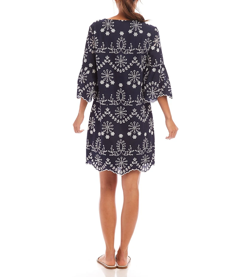 Karen Kane V-Neck 3/4 Sleeve Eyelet Embroidered Dress