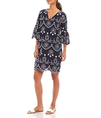 Karen Kane V-Neck 3/4 Sleeve Eyelet Embroidered Dress