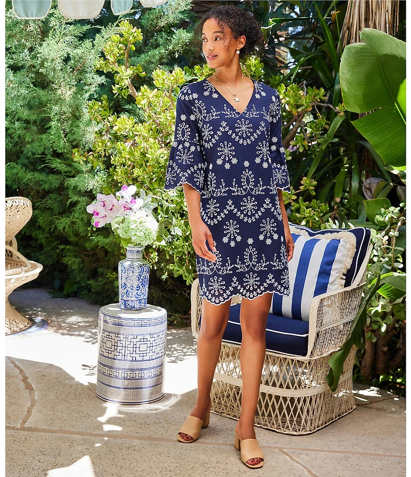 Karen Kane V-Neck 3/4 Sleeve Eyelet Embroidered Dress