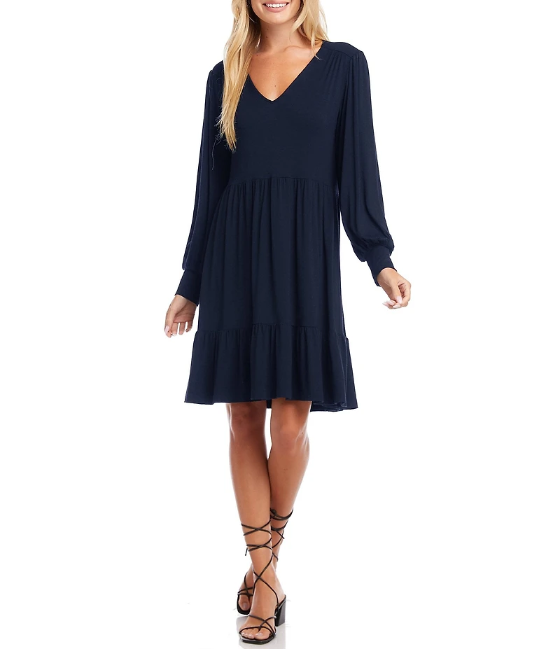 Karen Kane V-Neck Long Blouson Sleeve Tiered Ruffle A-Line Dress