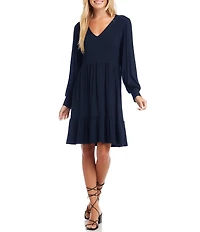 Karen Kane V-Neck Long Blouson Sleeve Tiered Ruffle A-Line Dress