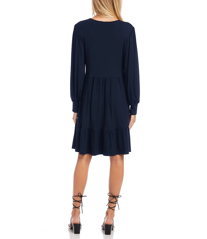 Karen Kane V-Neck Long Blouson Sleeve Tiered Ruffle A-Line Dress