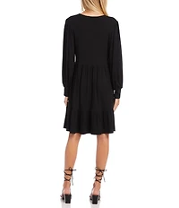 Karen Kane V-Neck Long Blouson Sleeve Tiered Ruffle A-Line Dress