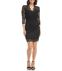 Karen Kane V-Neck Scallop Hem 3/4 Sleeve Sheath Lace Dress