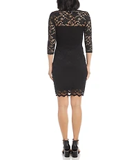 Karen Kane V-Neck Scallop Hem 3/4 Sleeve Sheath Lace Dress