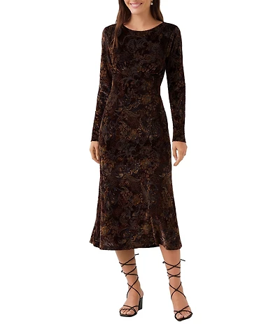 Karen Kane Velvet Burnout Crew Neck Long Sleeve Midi Dress