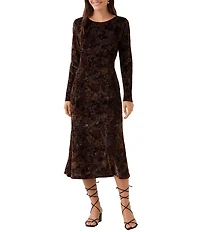 Karen Kane Velvet Burnout Crew Neck Long Sleeve Midi Dress