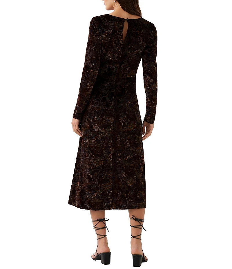 Karen Kane Velvet Burnout Crew Neck Long Sleeve Midi Dress