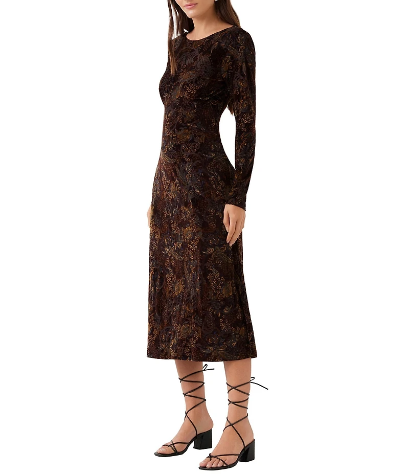 Karen Kane Velvet Burnout Crew Neck Long Sleeve Midi Dress