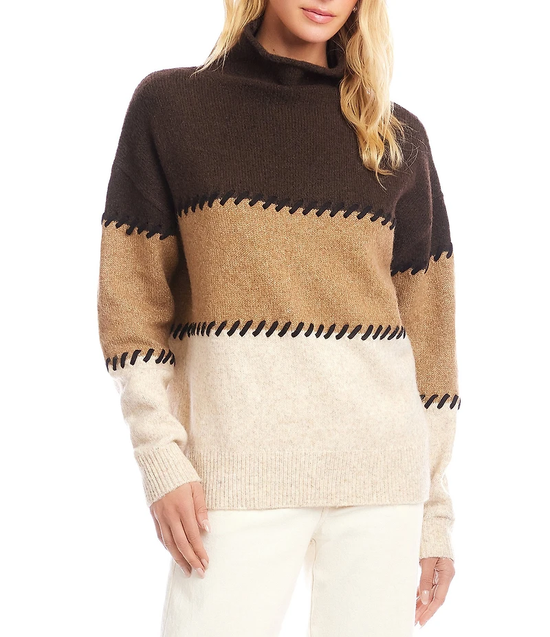 Karen Kane Wool Blend Colorblock Contrast Stitch Mock Neck Long Sleeve Sweater