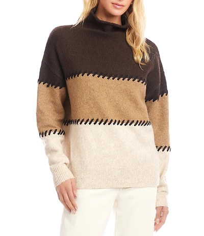 Karen Kane Wool Blend Colorblock Contrast Stitch Mock Neck Long Sleeve Sweater