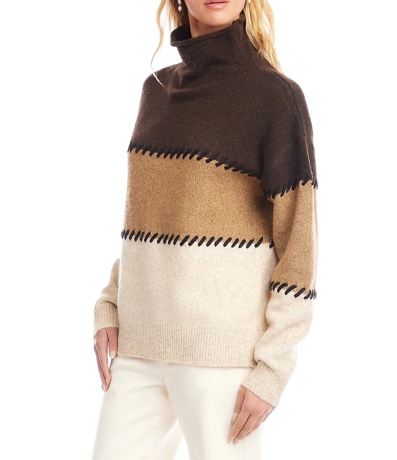 Karen Kane Wool Blend Colorblock Contrast Stitch Mock Neck Long Sleeve Sweater