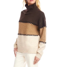 Karen Kane Wool Blend Colorblock Contrast Stitch Mock Neck Long Sleeve Sweater