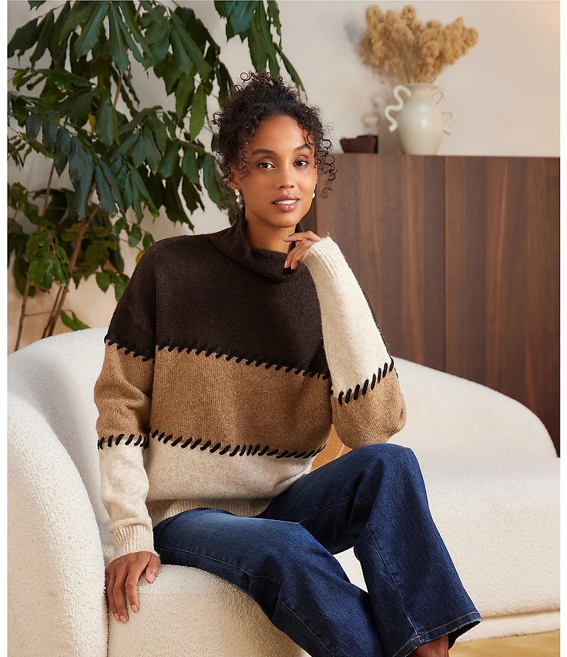 Karen Kane Wool Blend Colorblock Contrast Stitch Mock Neck Long Sleeve Sweater
