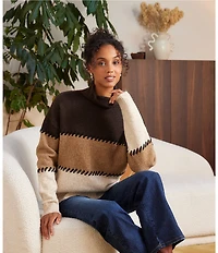 Karen Kane Wool Blend Colorblock Contrast Stitch Mock Neck Long Sleeve Sweater