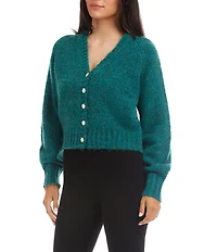 Karen Kane Wool Blend V-Neck Long Sleeve Pearl Button Front Cardigan Sweater