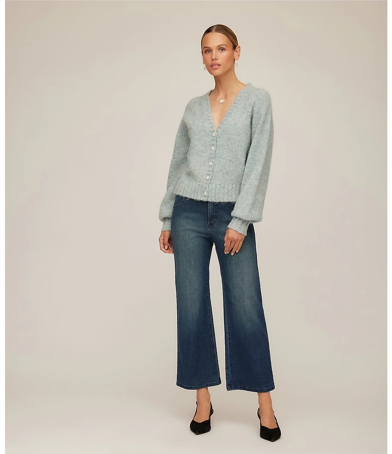 Karen Kane Wool Blend V-Neck Long Sleeve Pearl Button Front Cardigan Sweater