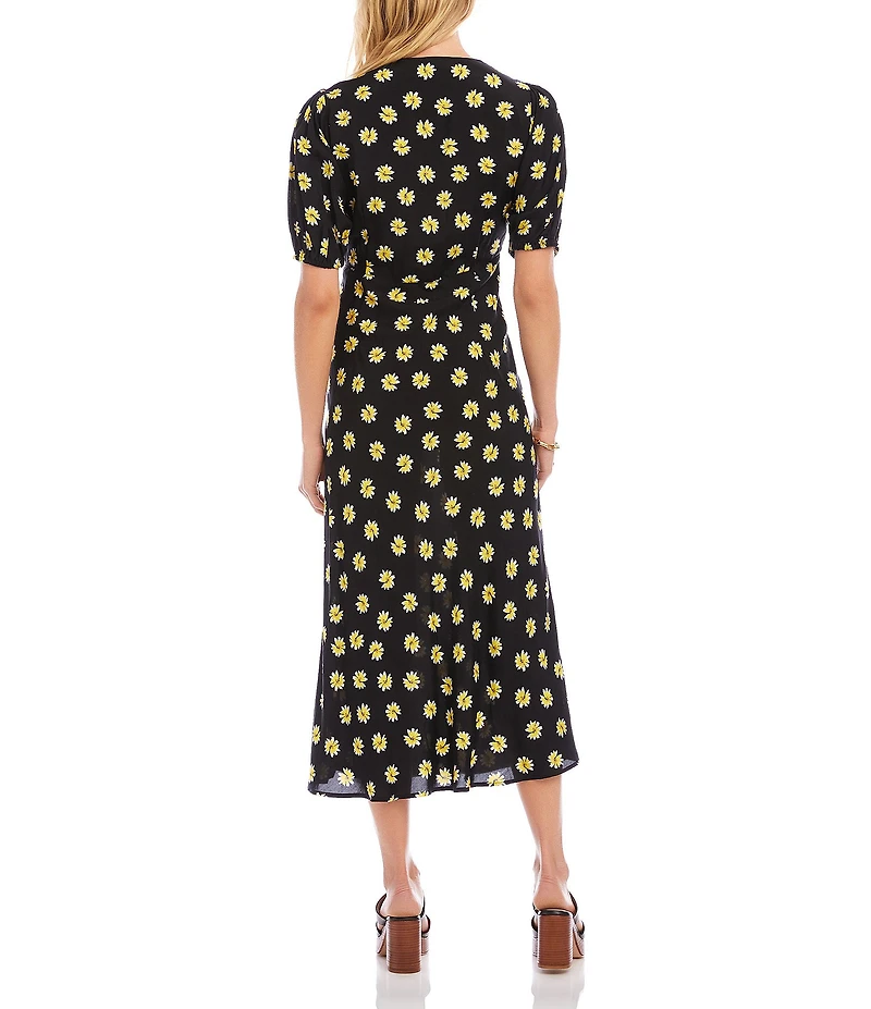 Karen Kane Woven Buttercup Floral Print Bias Cut Crossover V-Neck Short Puff Sleeve Midi Dress