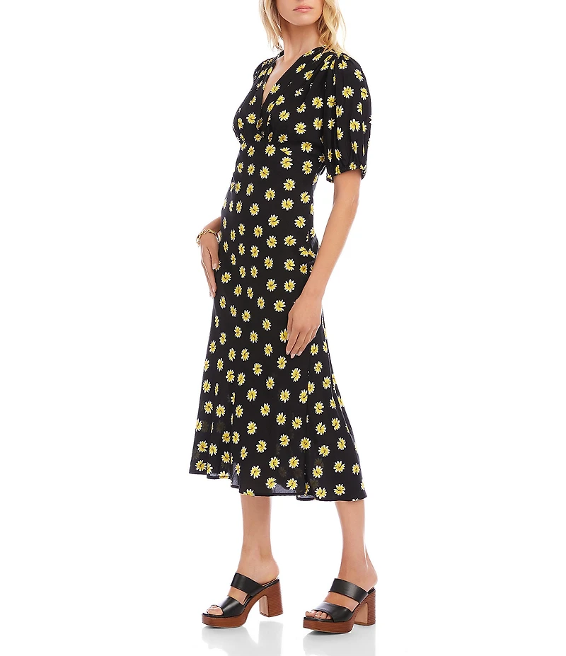 Karen Kane Woven Buttercup Floral Print Bias Cut Crossover V-Neck Short Puff Sleeve Midi Dress