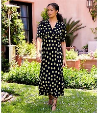 Karen Kane Woven Buttercup Floral Print Bias Cut Crossover V-Neck Short Puff Sleeve Midi Dress