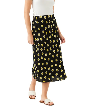 Karen Kane Woven Buttercup Floral Print Pull-On Bias Cut Midi Skirt