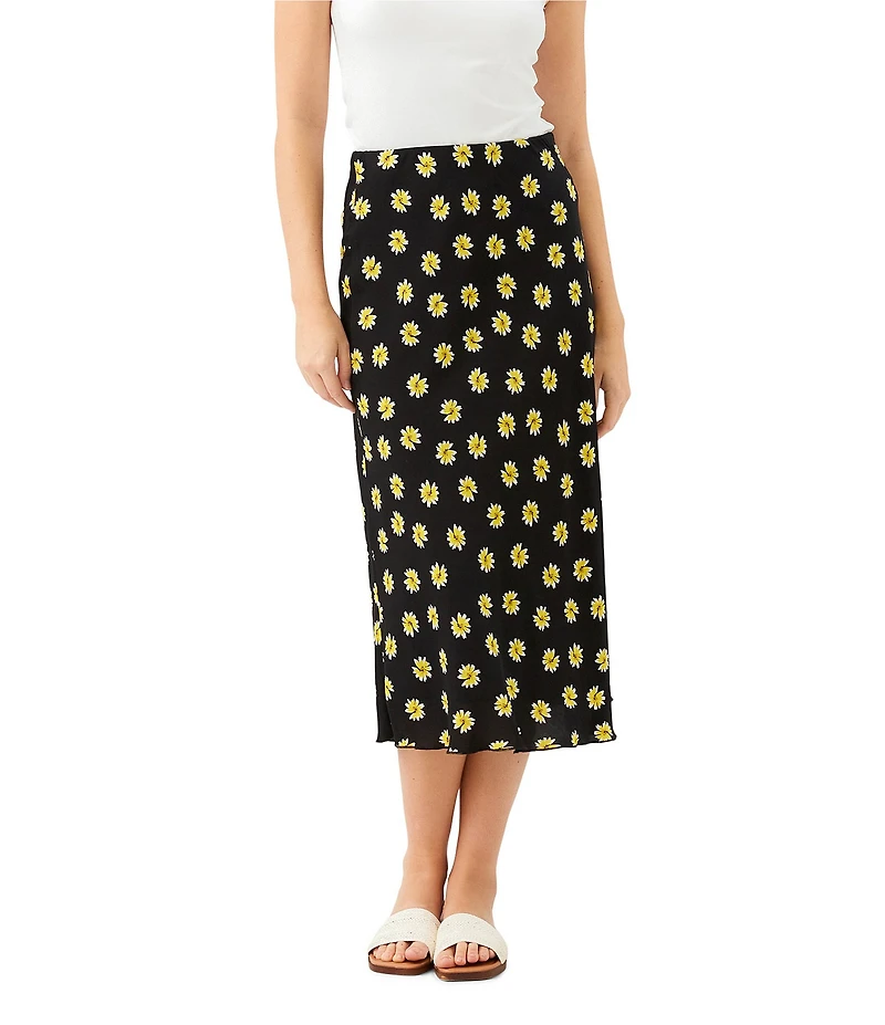 Karen Kane Woven Buttercup Floral Print Pull-On Bias Cut Midi Skirt