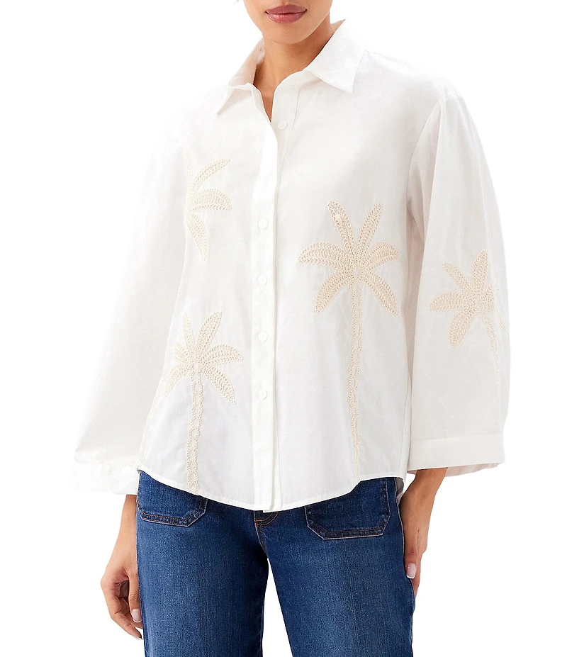 Karen Kane Woven Cotton Palm Tree Point Collar Long Bell Sleeve Button Front Shirt