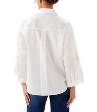 Karen Kane Woven Cotton Palm Tree Point Collar Long Bell Sleeve Button Front Shirt
