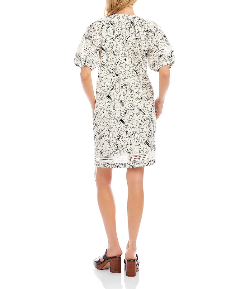 Karen Kane Woven Lace Inset Split V-Neck Tassel Tie Short Puff Raglan Sleeve Shift Dress