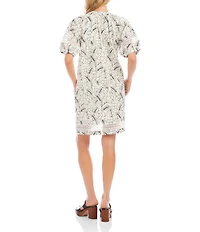 Karen Kane Woven Lace Inset Split V-Neck Tassel Tie Short Puff Raglan Sleeve Shift Dress