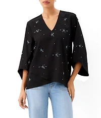 Karen Kane Woven Twill Embellished V-Neck 3/4 Flutter Sleeve Asymmetric Hem Top
