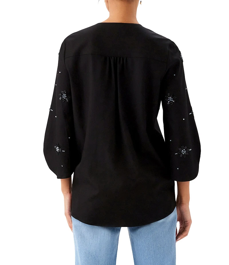 Karen Kane Woven Twill Embellished V-Neck 3/4 Flutter Sleeve Asymmetric Hem Top