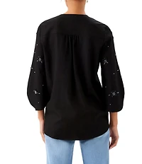 Karen Kane Woven Twill Embellished V-Neck 3/4 Flutter Sleeve Asymmetric Hem Top