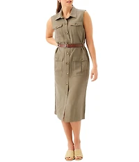 Karen Kane Woven Twill Point Collar Sleeveless Midi Shirtdress