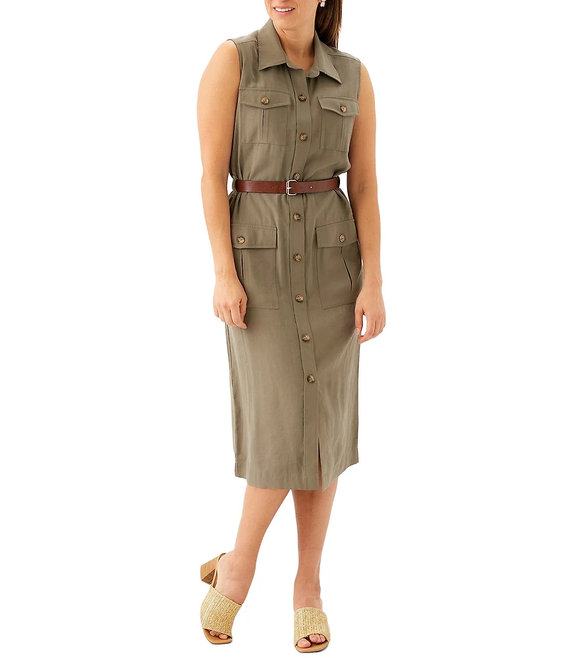 Karen Kane Woven Twill Point Collar Sleeveless Midi Shirtdress