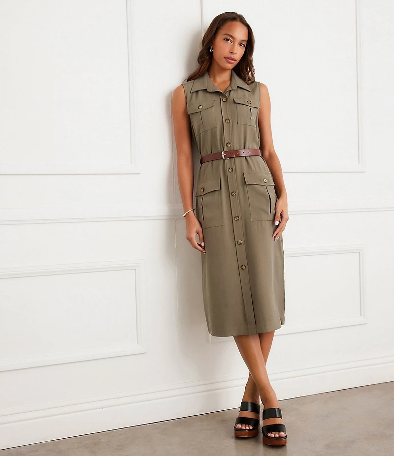 Karen Kane Woven Twill Point Collar Sleeveless Midi Shirtdress