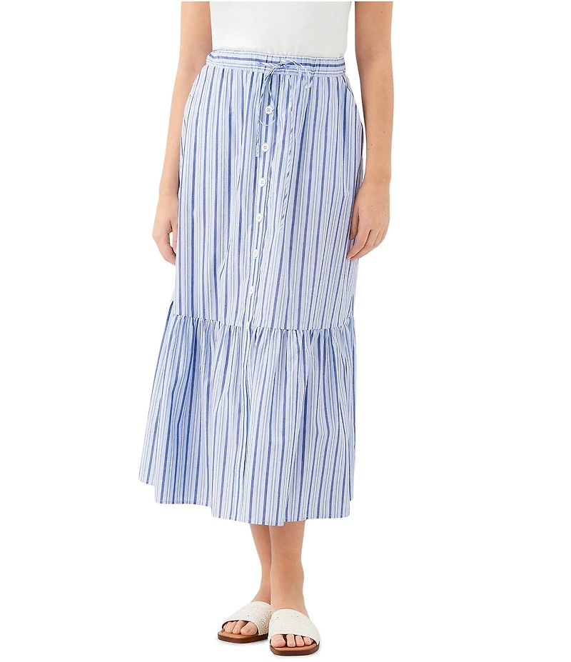 Karen Kane Woven Vertical Stripe Tiered Drawstring Front Button A-Line Midi Skirt