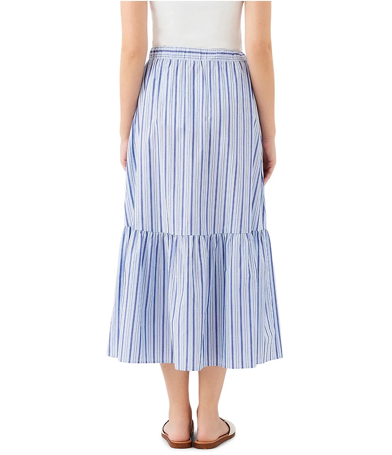 Karen Kane Woven Vertical Stripe Tiered Drawstring Front Button A-Line Midi Skirt