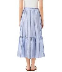 Karen Kane Woven Vertical Stripe Tiered Drawstring Front Button A-Line Midi Skirt