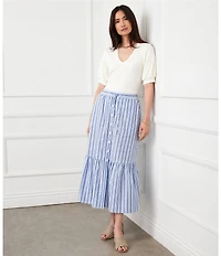 Karen Kane Woven Vertical Stripe Tiered Drawstring Front Button A-Line Midi Skirt