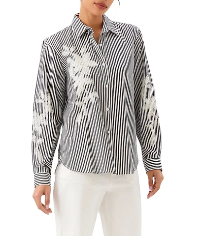 Karen Kane Woven Yarn Dye Stripe Floral Embroider Point Collar Long Sleeve Button Front Shirt