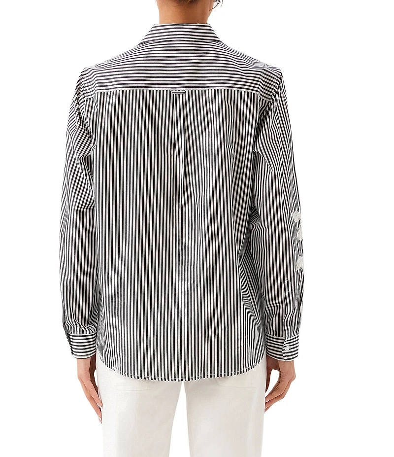 Karen Kane Woven Yarn Dye Stripe Floral Embroider Point Collar Long Sleeve Button Front Shirt
